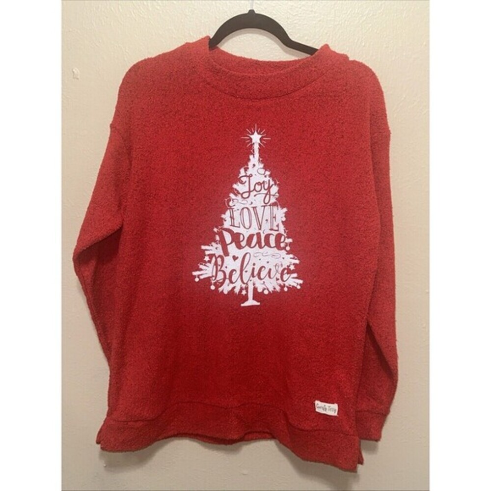 Comfy Terry Christmas Pullover Red Joy Love Peace Believe Holiday Top